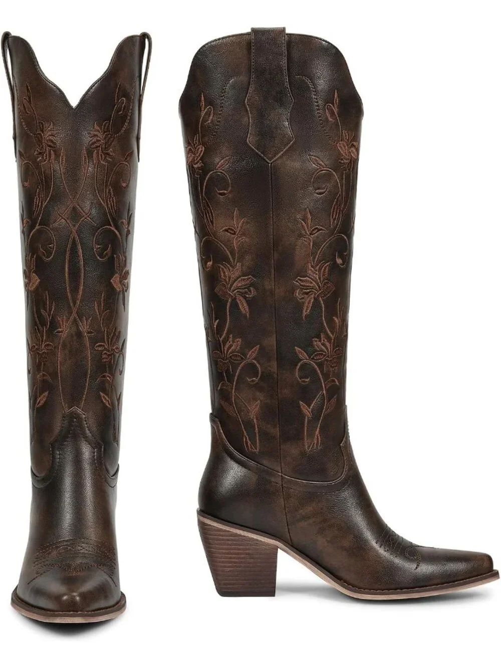 Women's Knee High Cowgirl Boots Vintage Brown Retro Embroidered Chunky Heels - Picture 4 of 6